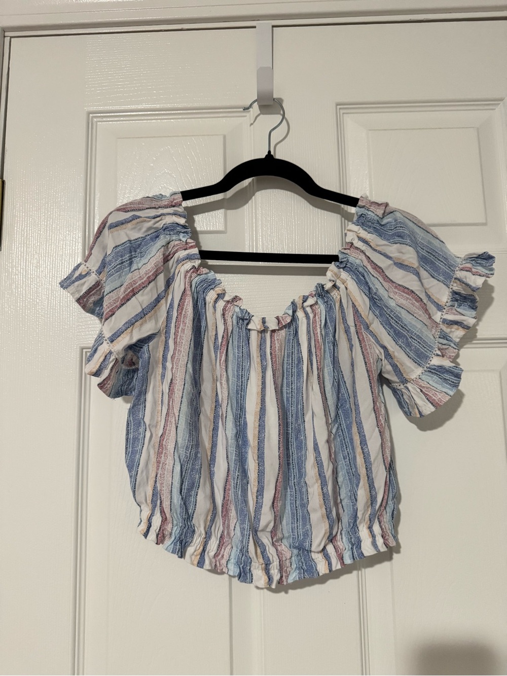 Ocean Drive Off-Shoulder Striped Cropped Top in Blue, Pink and White medium